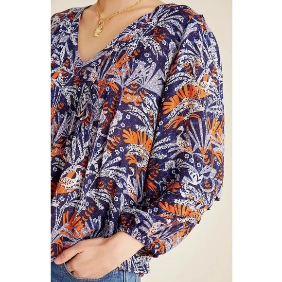 ANTHROPOLOGIE Maeve Cathy Pleated Blue Jungle Top Medium - Picture 1 of 11